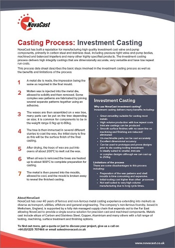 NovaCast Investment Casting Process Data Sheet